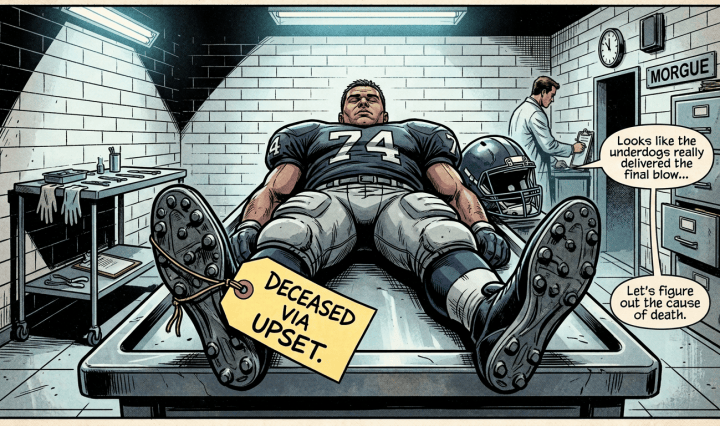 Football player in morgue labeled “DECEASED VIA UPSET,” with “MORGUE” sign and repeated text, “Looks like the underdogs really delivered the final blow...”