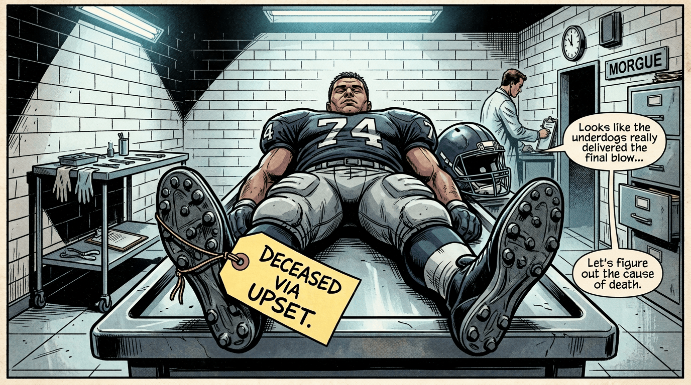 Football player in morgue labeled “DECEASED VIA UPSET,” with “MORGUE” sign and repeated text, “Looks like the underdogs really delivered the final blow...”